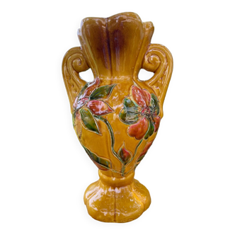 30 cm Ceramic Vase - Handmade in Vallauris - Brilliant Yellow with Engraved Floral Decor
