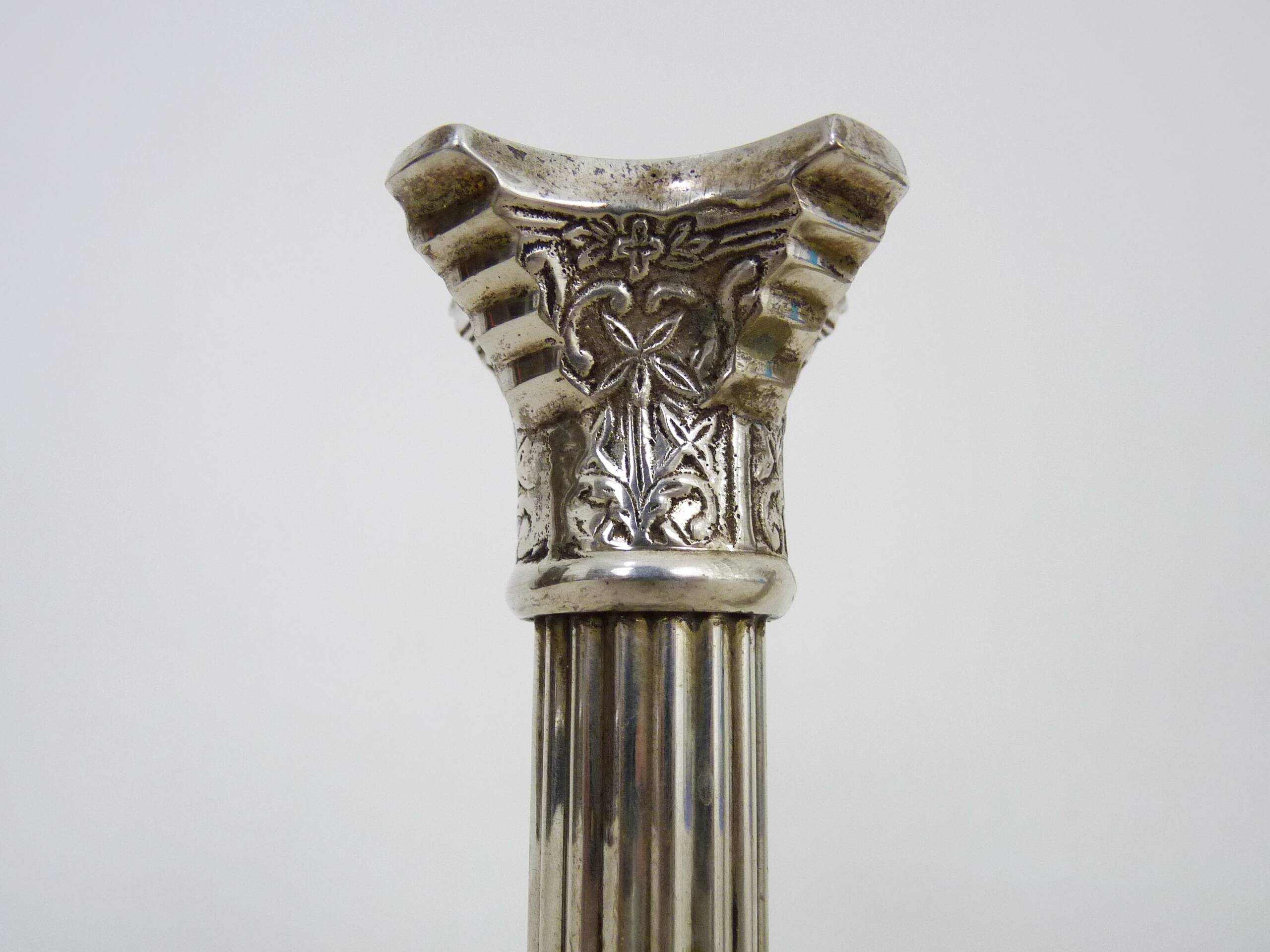Pair of Antique Silver Plated Corinthian Candlesticks