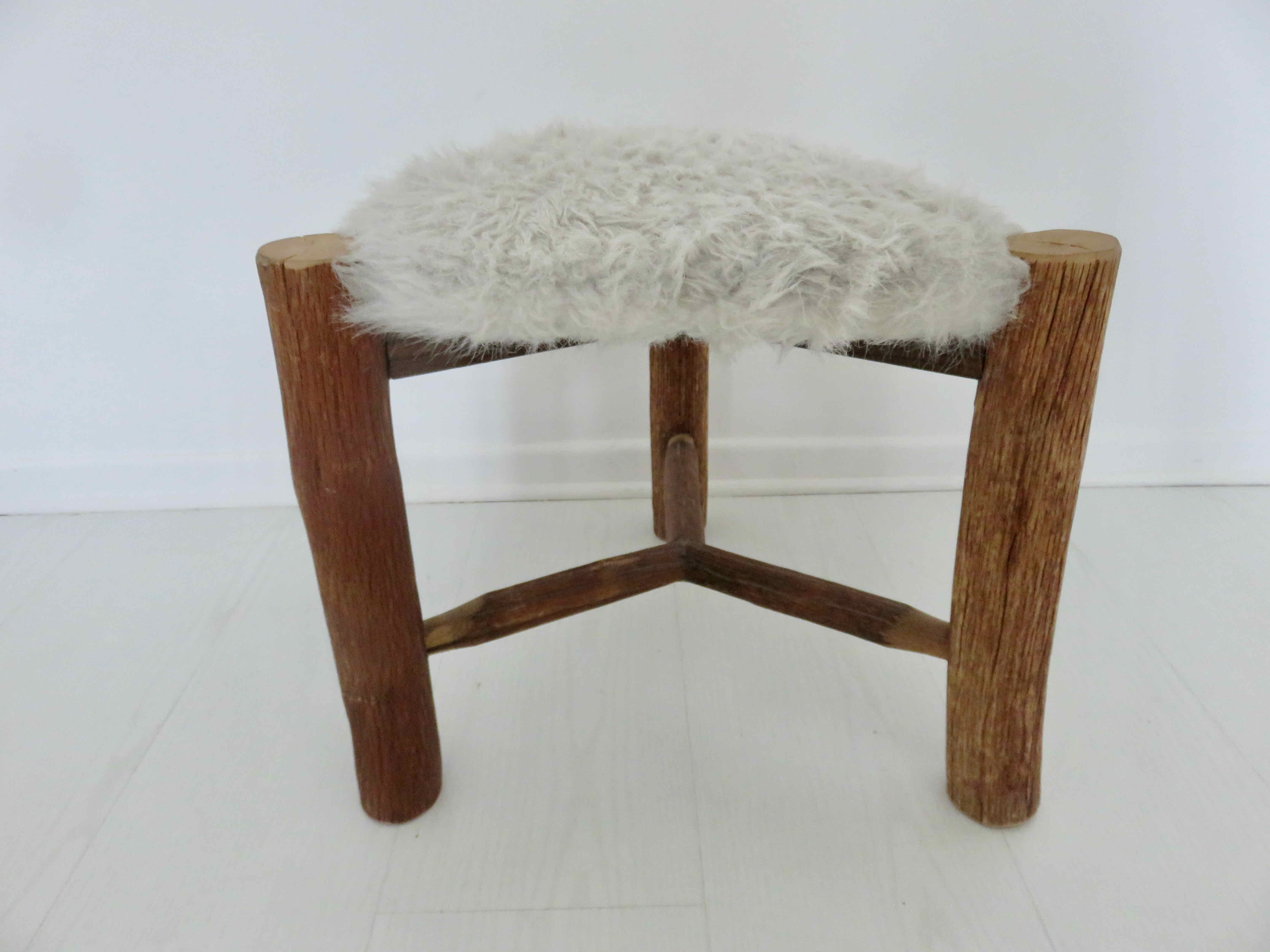 Scandinavian stool "mountain chalet" tripod wood, seat in vintage moumoute