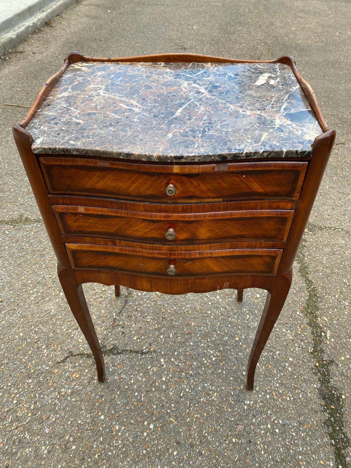 Pair of Louis XV bedside tables, early 20th century, marquetry and marble
