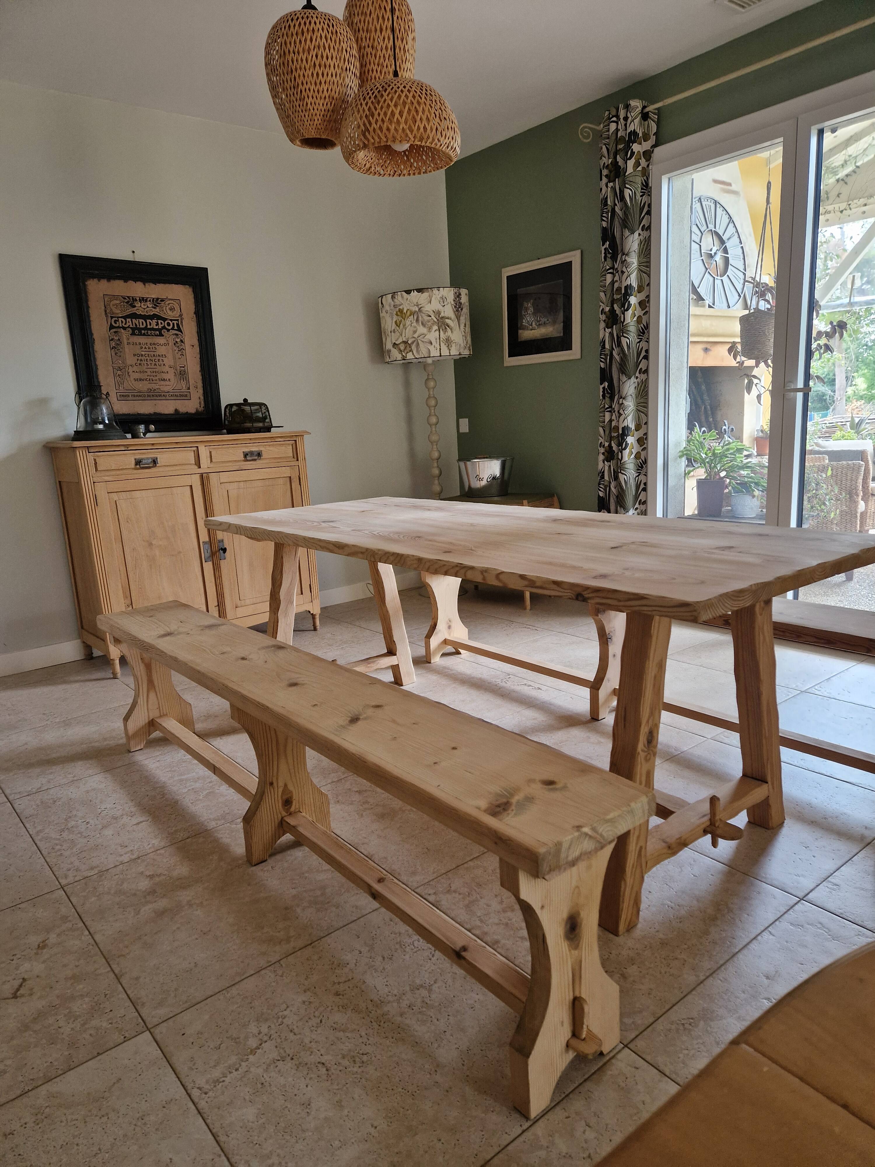 farm table and wooden benches