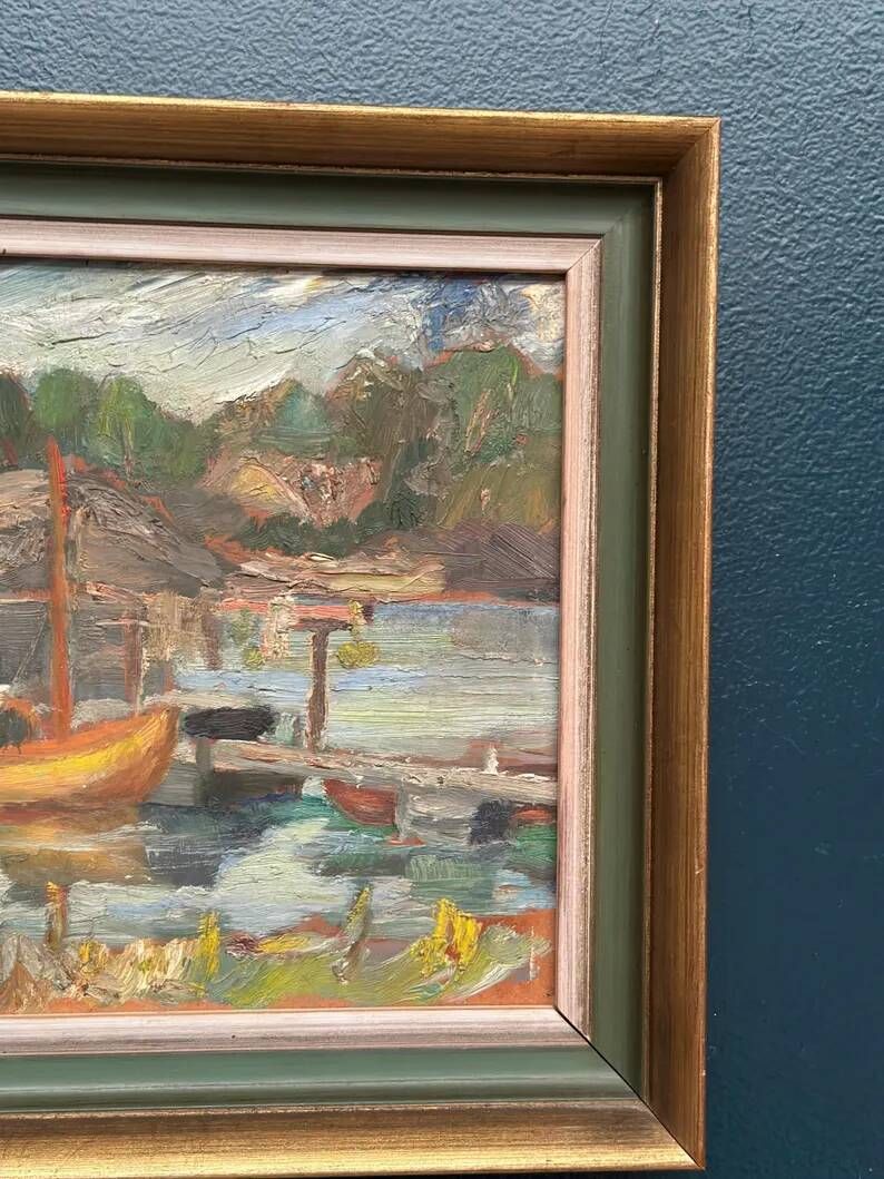 Oil on Swedish Panel - "Dock" by Dal-Edvin - Signed - Vintage and Framed - 31 × 30 cm (12.2 in × 11.8 in)