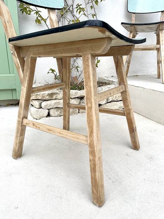 Set of 2 wooden and water green Formica chairs
