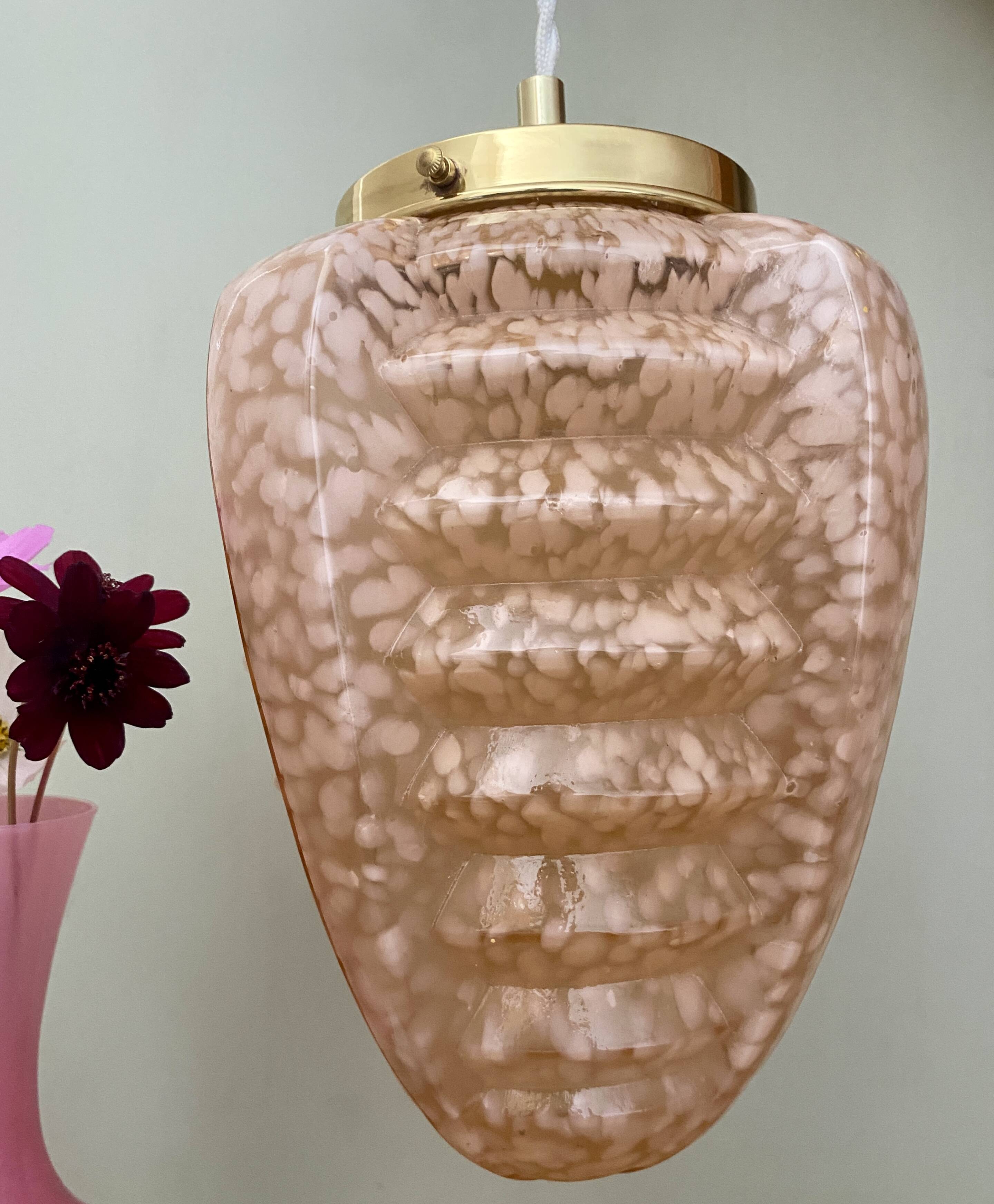 Vintage art deco globe pendant light in pink clichy glass