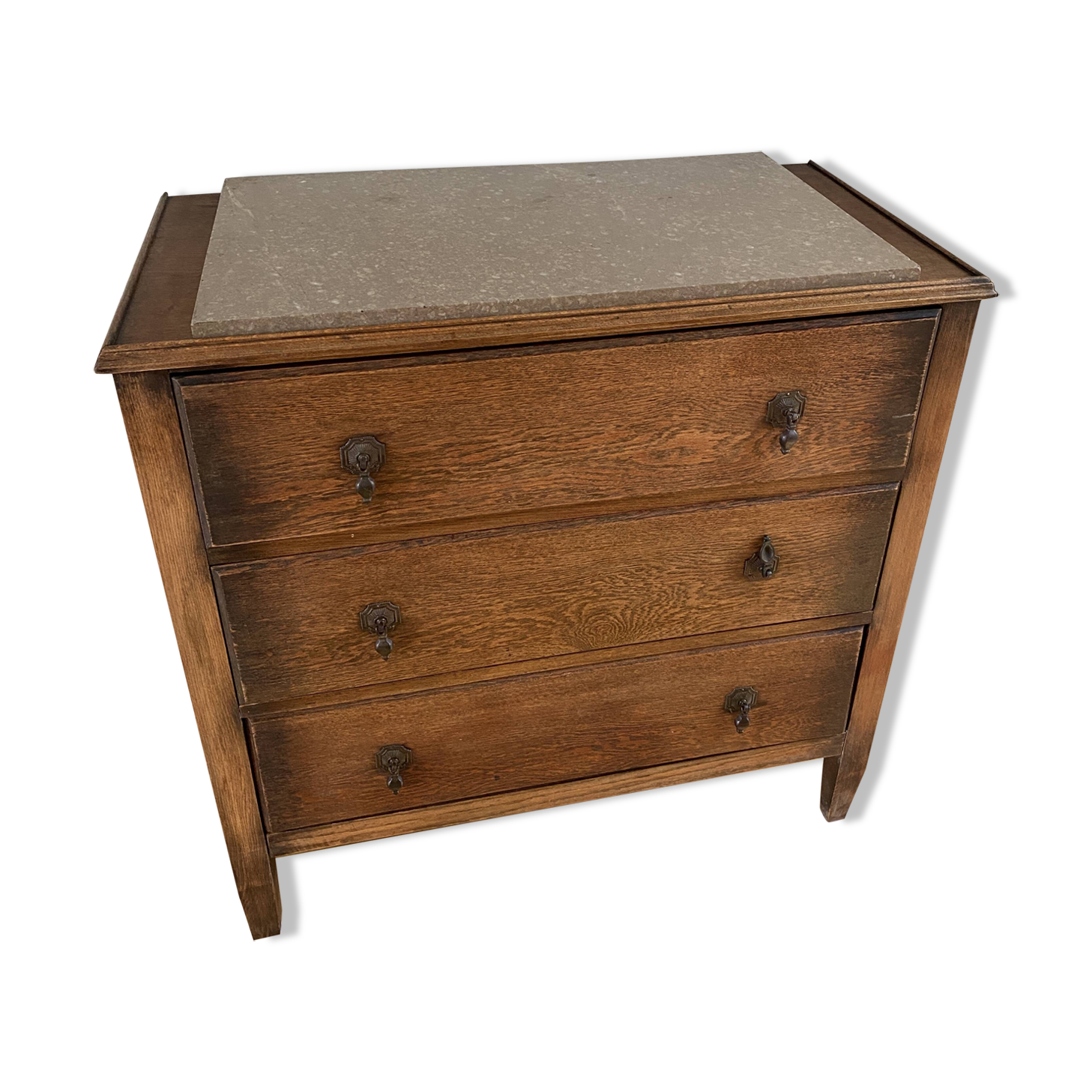 Vintage wooden chest of drawers with three drawers and brown marble top