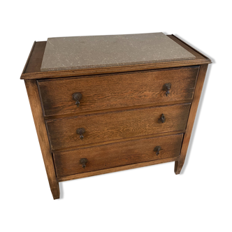 Vintage wooden chest of drawers with three drawers and brown marble top