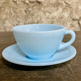 Set of 4 Duralex cups and 4 saucers – pastel blue opal glass (year