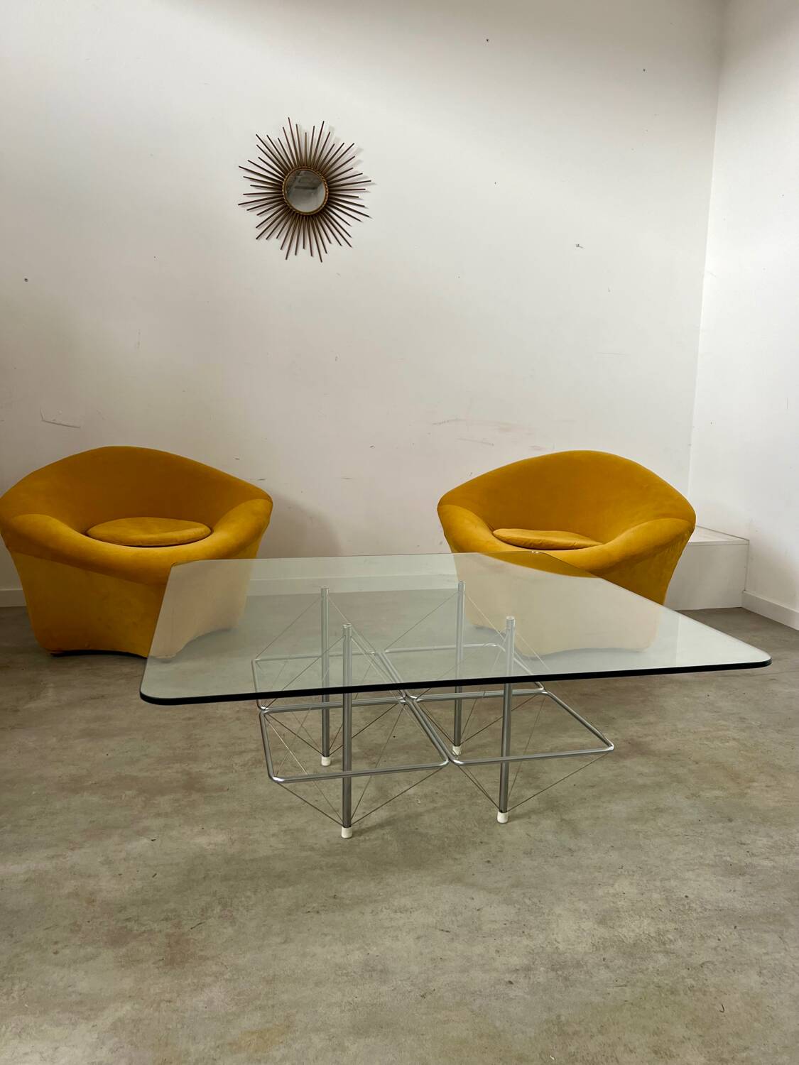 Old Italian design architectural coffee table from the 70s vintage glass and metal