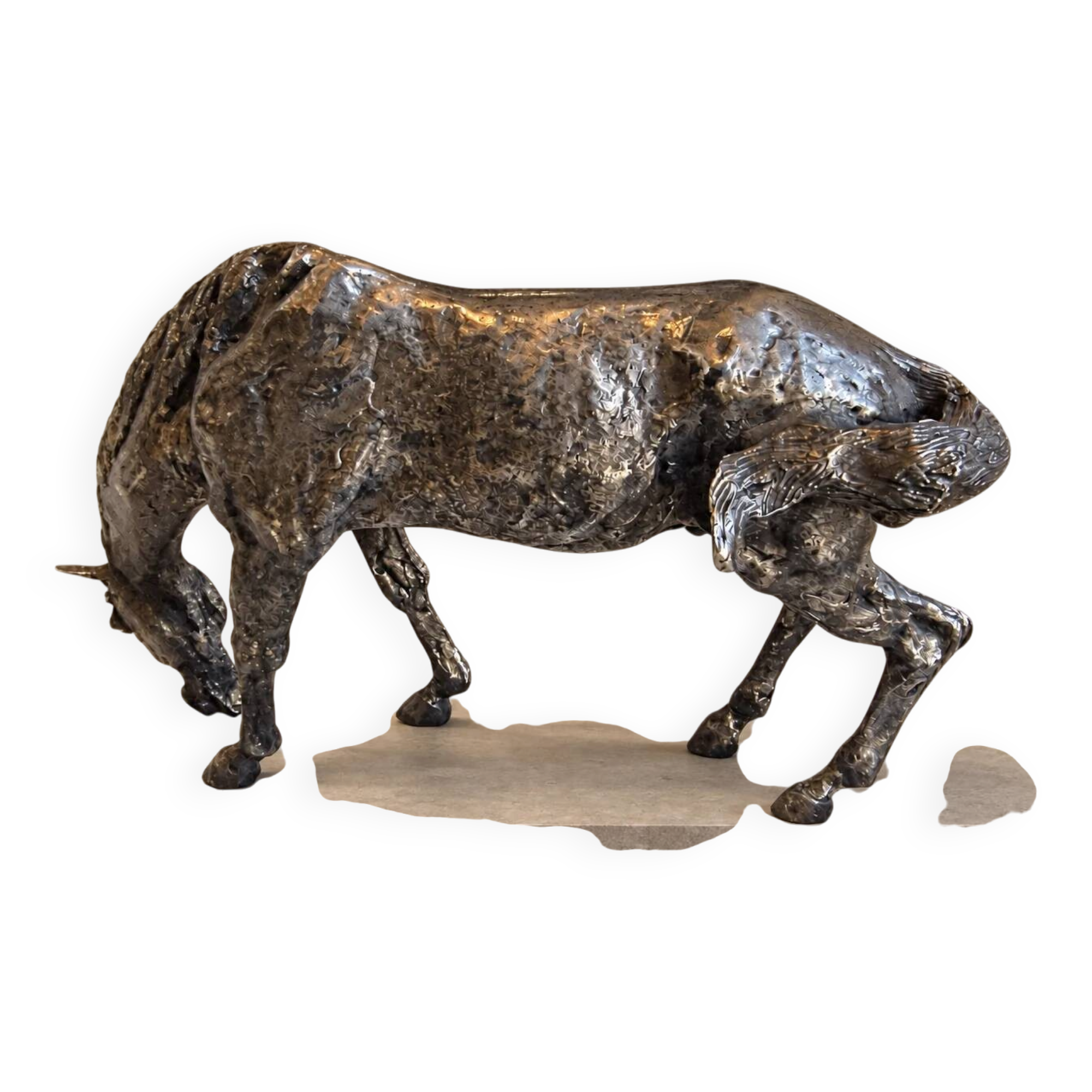 Sculpture of a grazing horse with a silver finish.