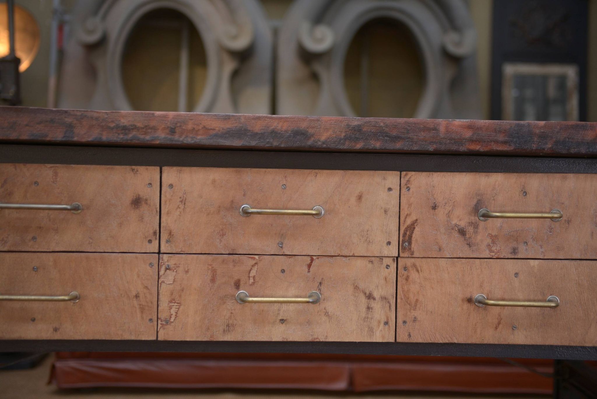 factory workbench in cast iron and wood 1930 with 9 drawers
