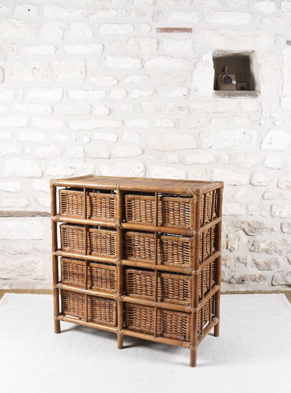 Commode en osier et rotin avec 8 tiroirs