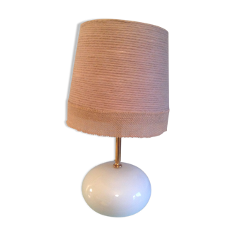 Lampe boule en ceramique blanche et abat jour en  laine beige / années 70