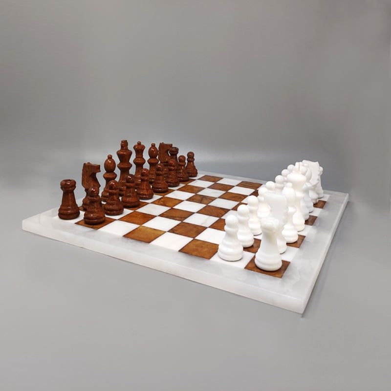 1970s Brown and White Chess Set in Volterra Alabaster Handmade Made in Italy