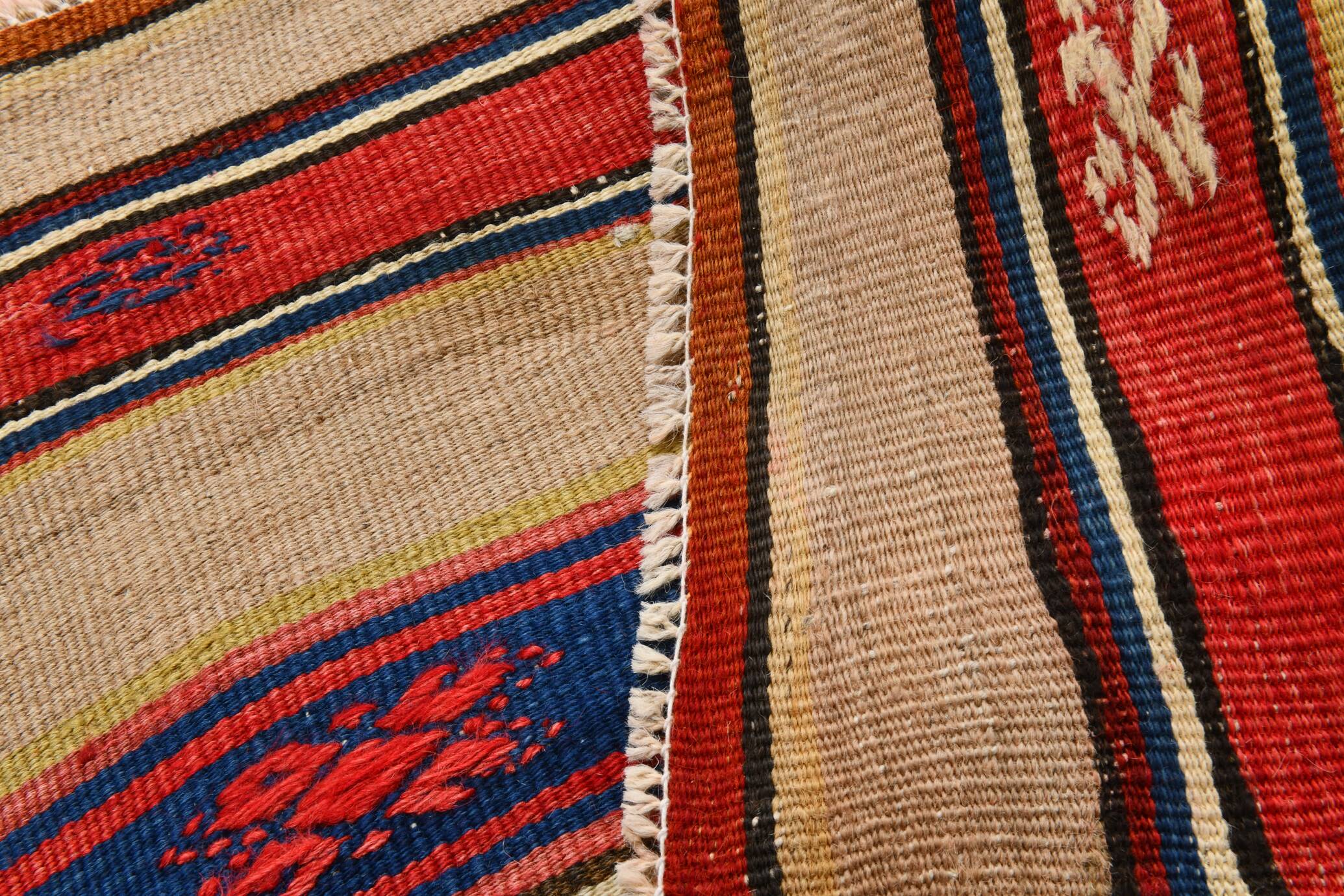 Cream Blue Striped Pattern Vintage Kilim Rug, 162x267Cm