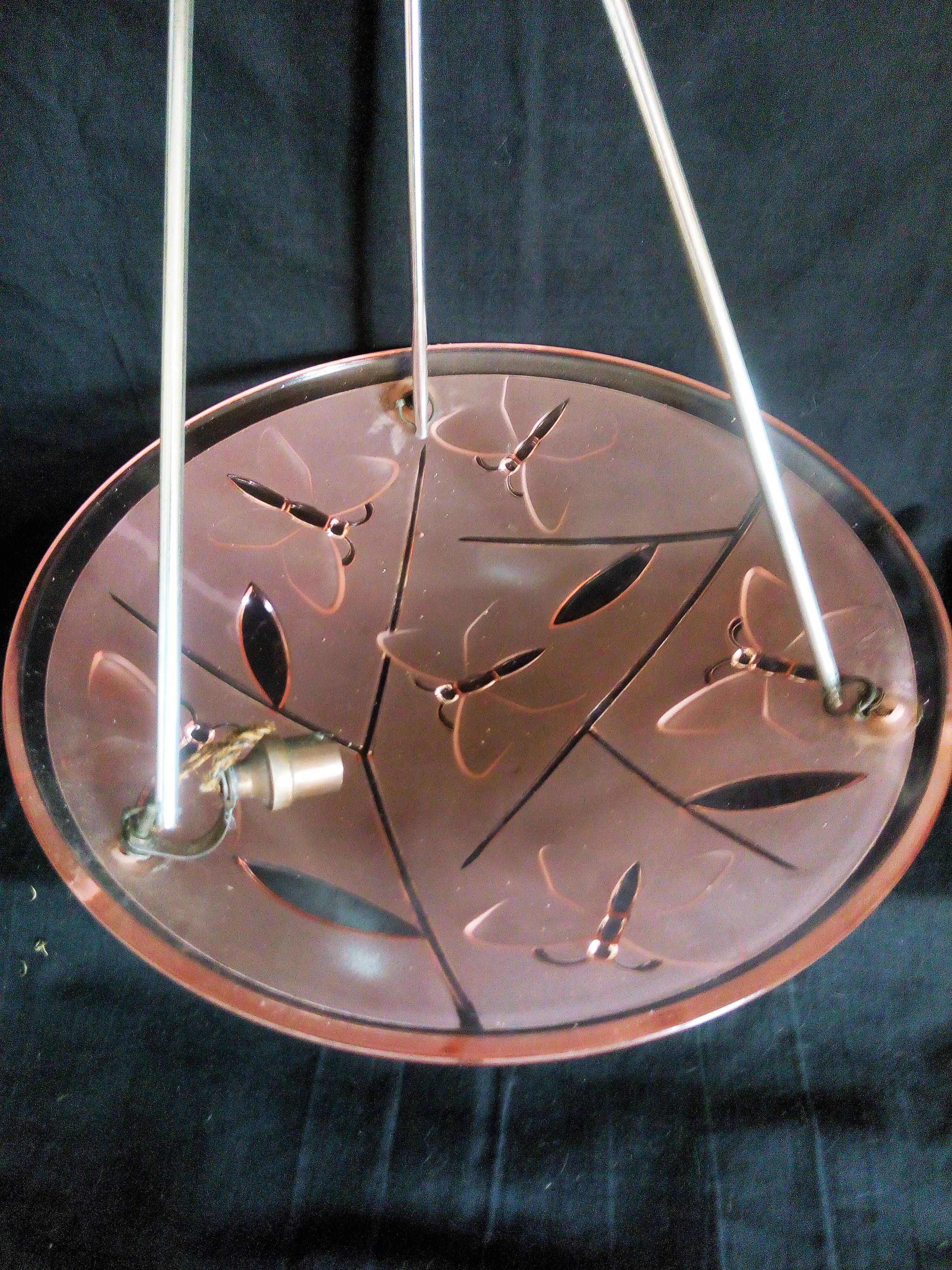 Art Deco pendant lamp in molded and pressed glass signed Degué, dragonfly motifs