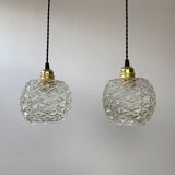 Pair of vintage molded glass pendant lamps