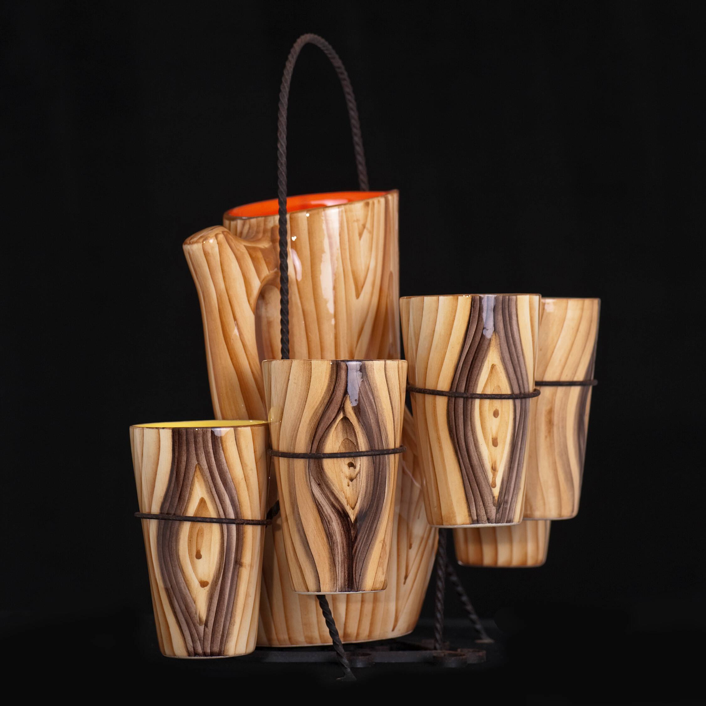 Orangeade service pitcher and 6 ceramic glasses faux wood and wrought iron Vallauris year 50/60