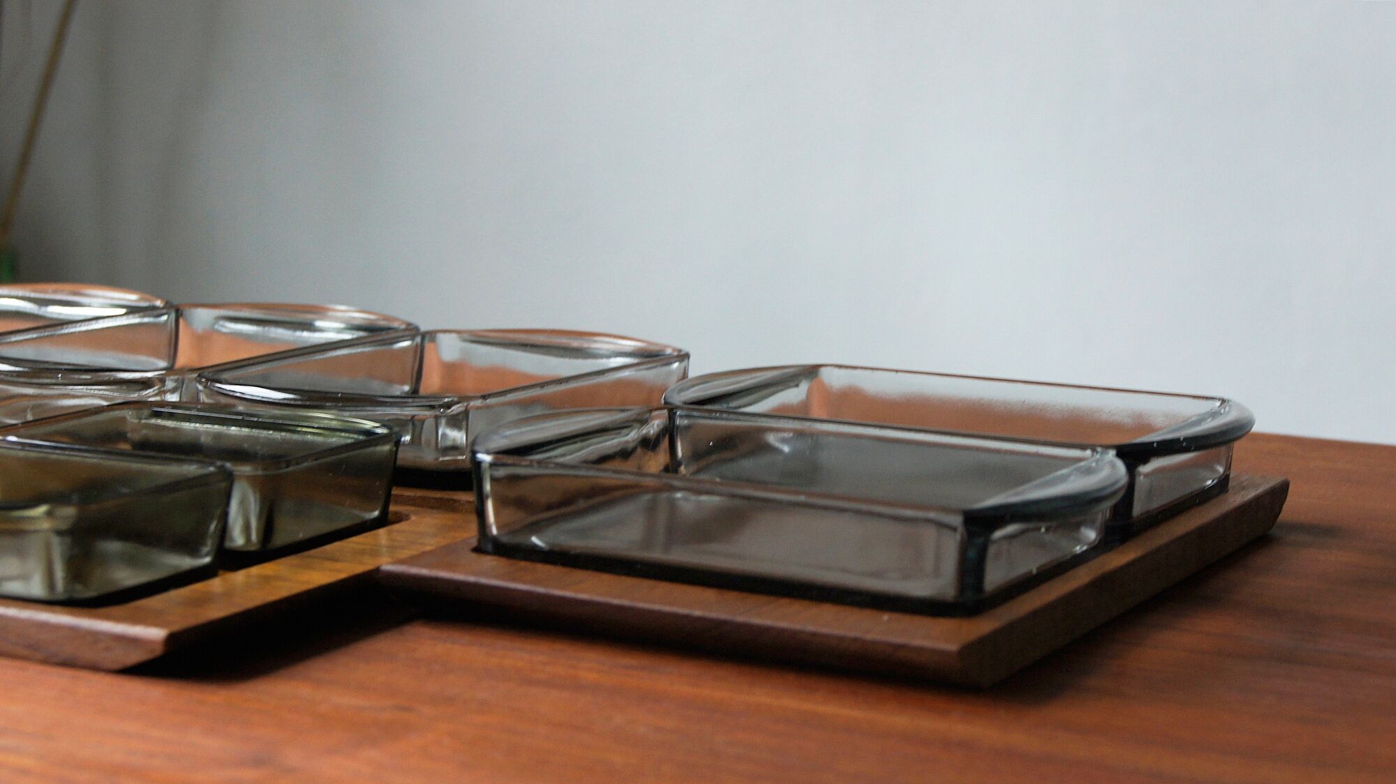 Danish Modern Serving Set Teak Tray With Glass Bowls