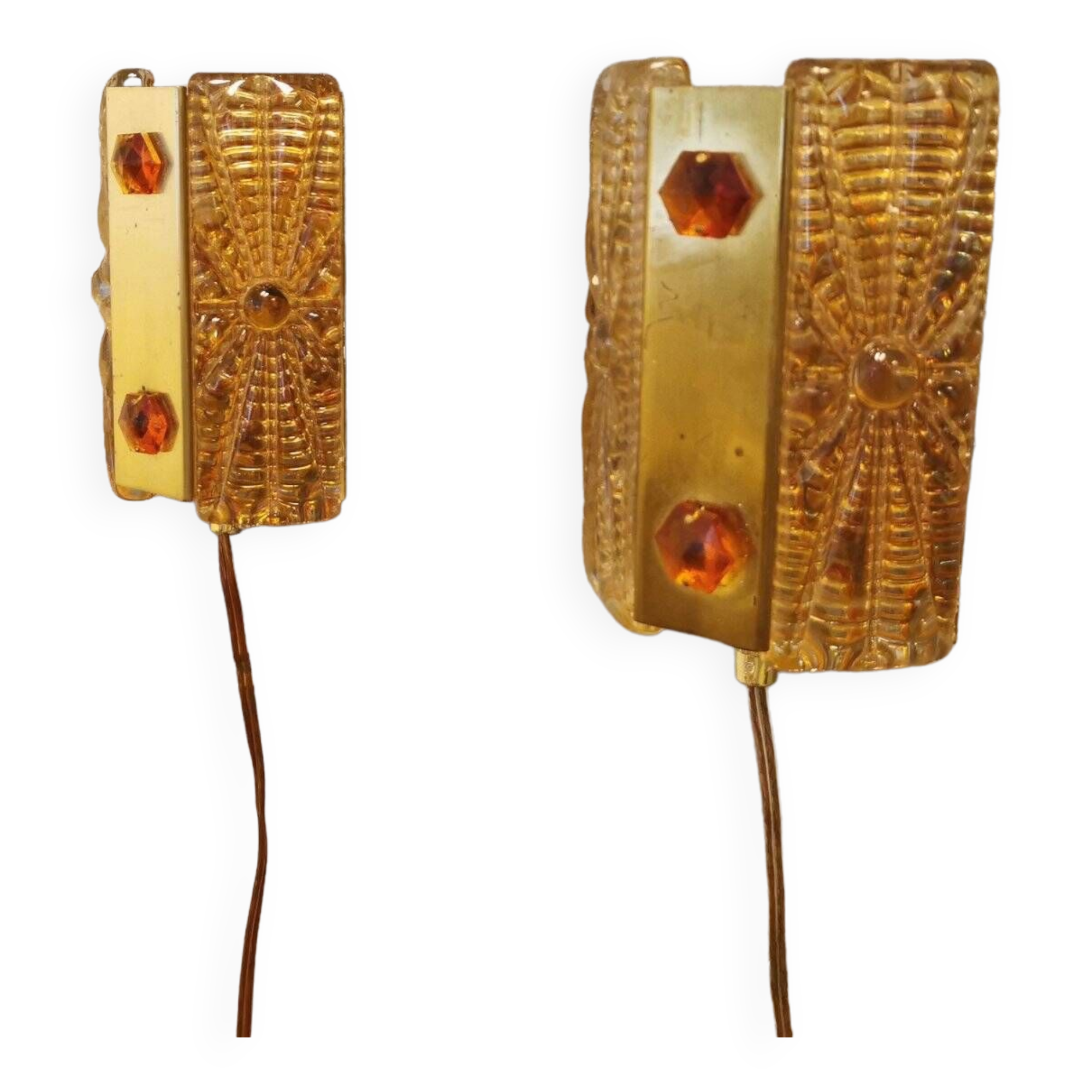 A pair of wall lights with brass-colored suspension with thick pressed glass. Vitrika, Denmark