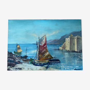 Old painting on marine canvas by Blondel