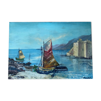 Old painting on marine canvas by Blondel