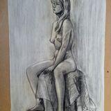 Drawing sketch nude charcoal 1950 60 signed