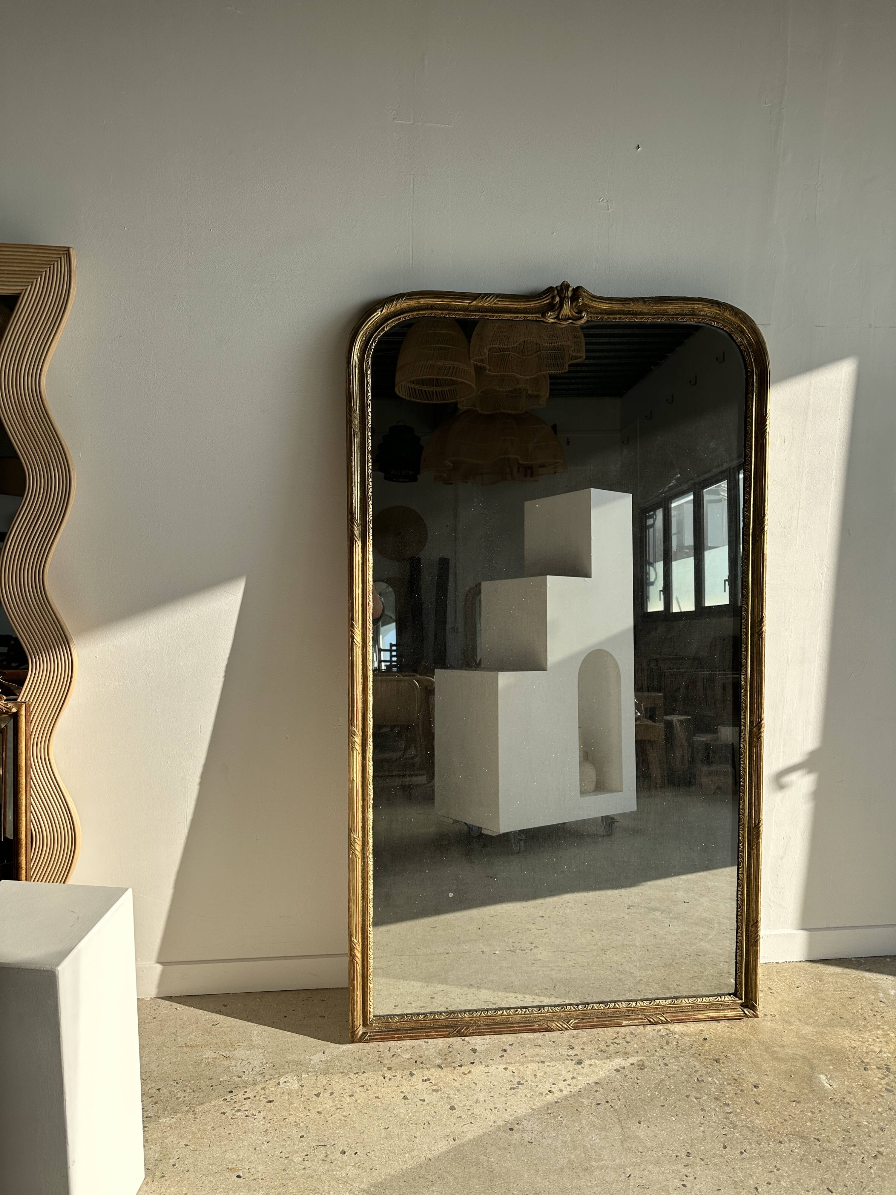Large gilded mirror 19th century rounded corners mercury glass Louis XVI style