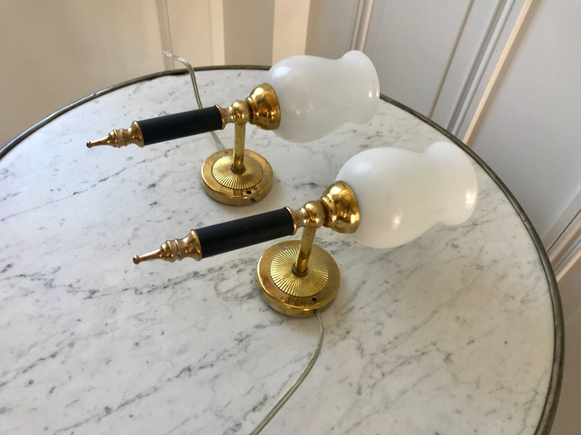 Pair of opaline and golden brass wall lamps art deco style 30s