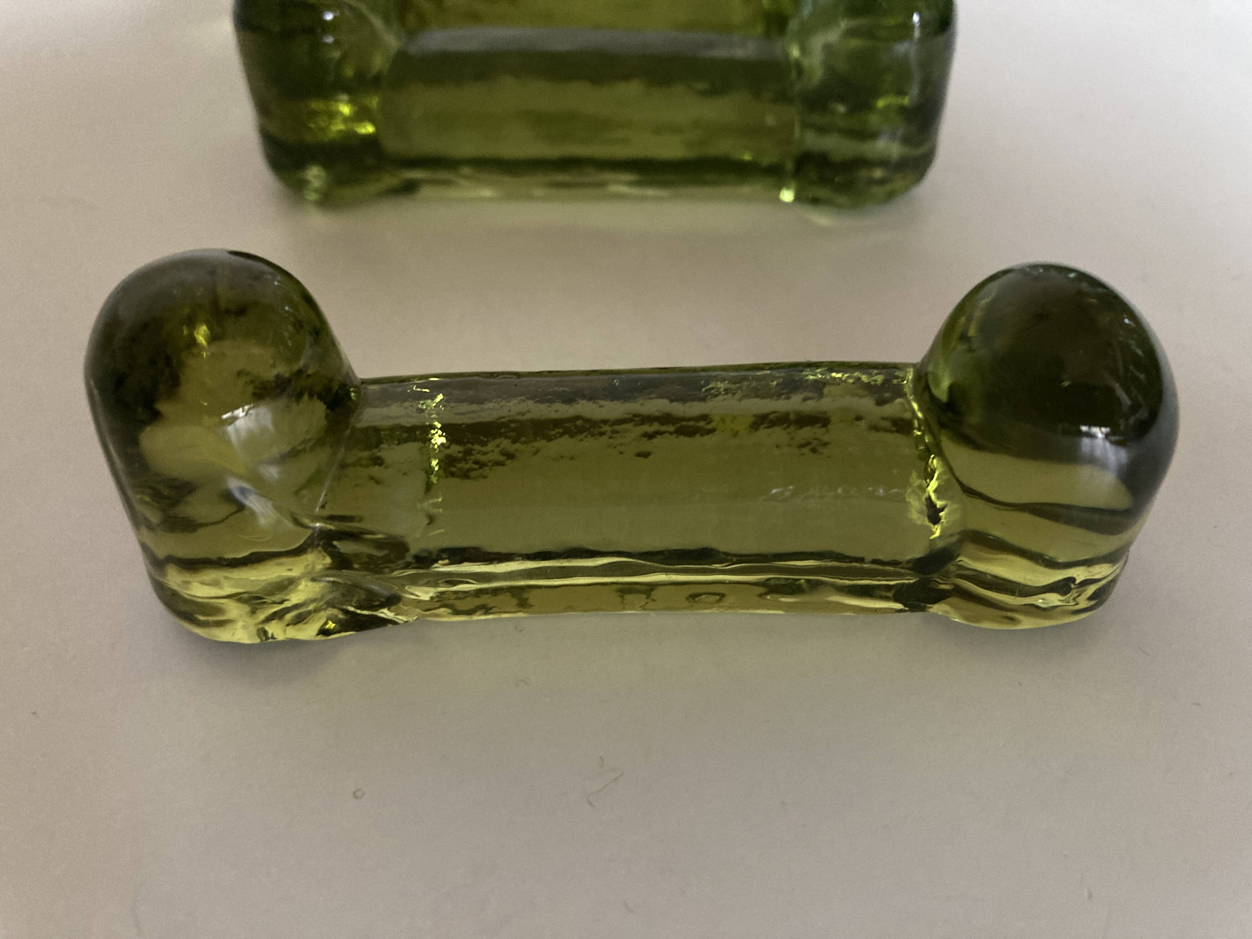 Set of 7 peridot green Biot glass knife holders 1970