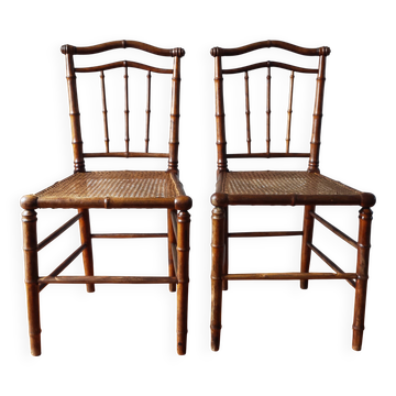 Pair of turned wood chairs with caning