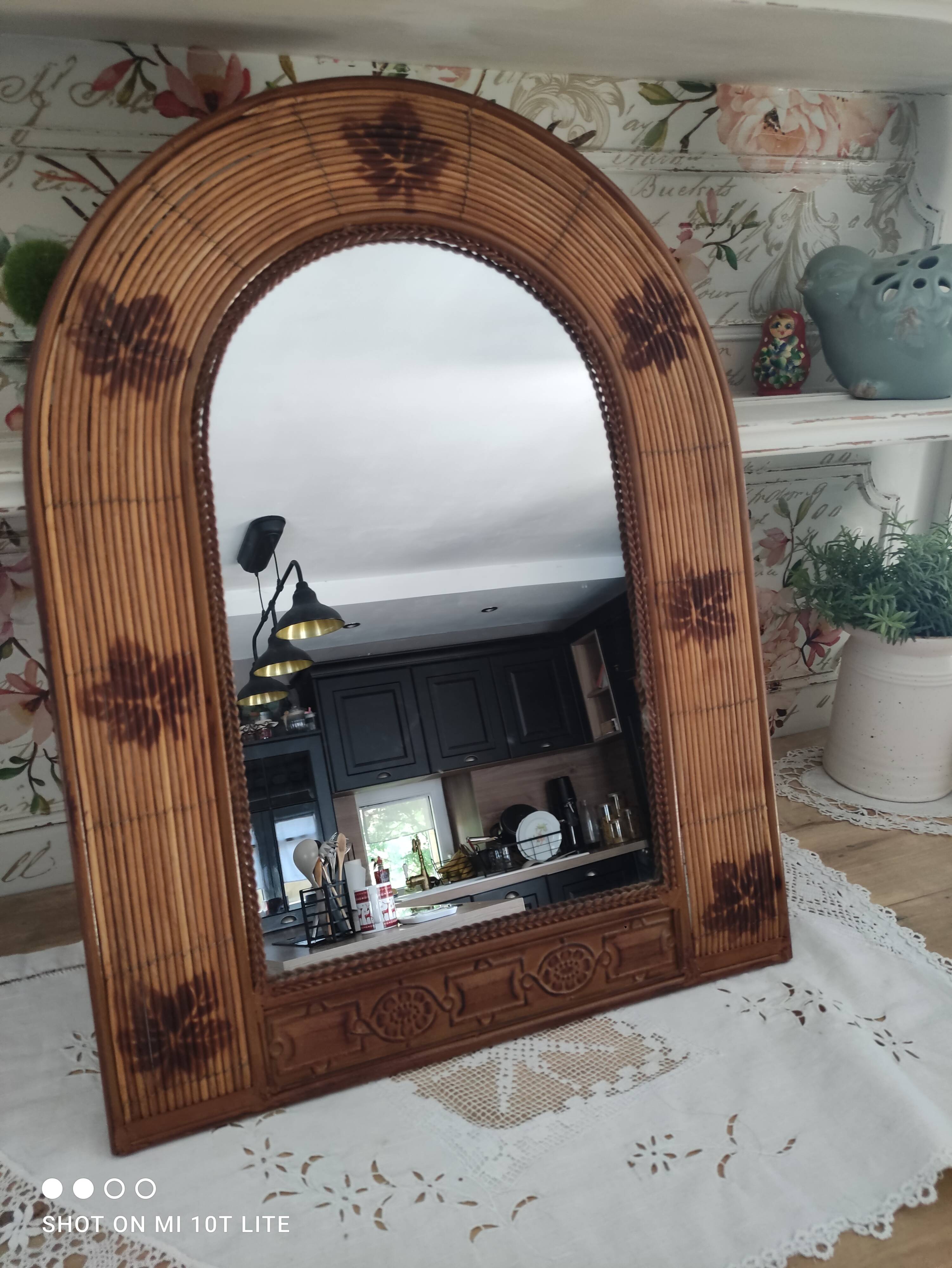 Vintage rattan arch mirror medium honey burnt leaf and metal decoration