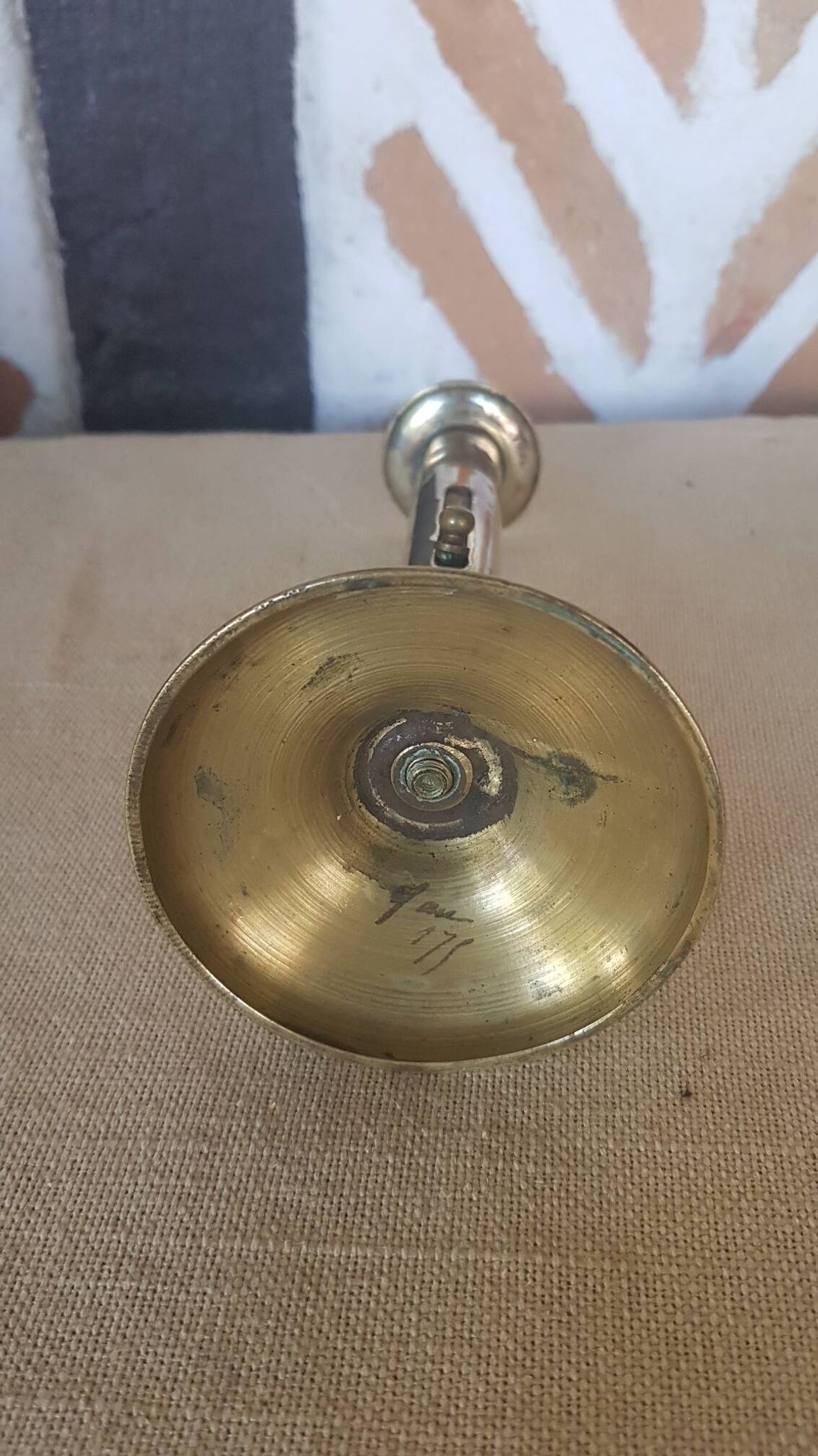 Brass candle holder with pusher and cup