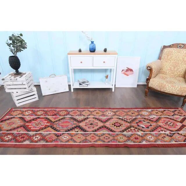 1970s Vintage Turkish Hand-Knotted Wool Cotton Red Runner Rug 83x314