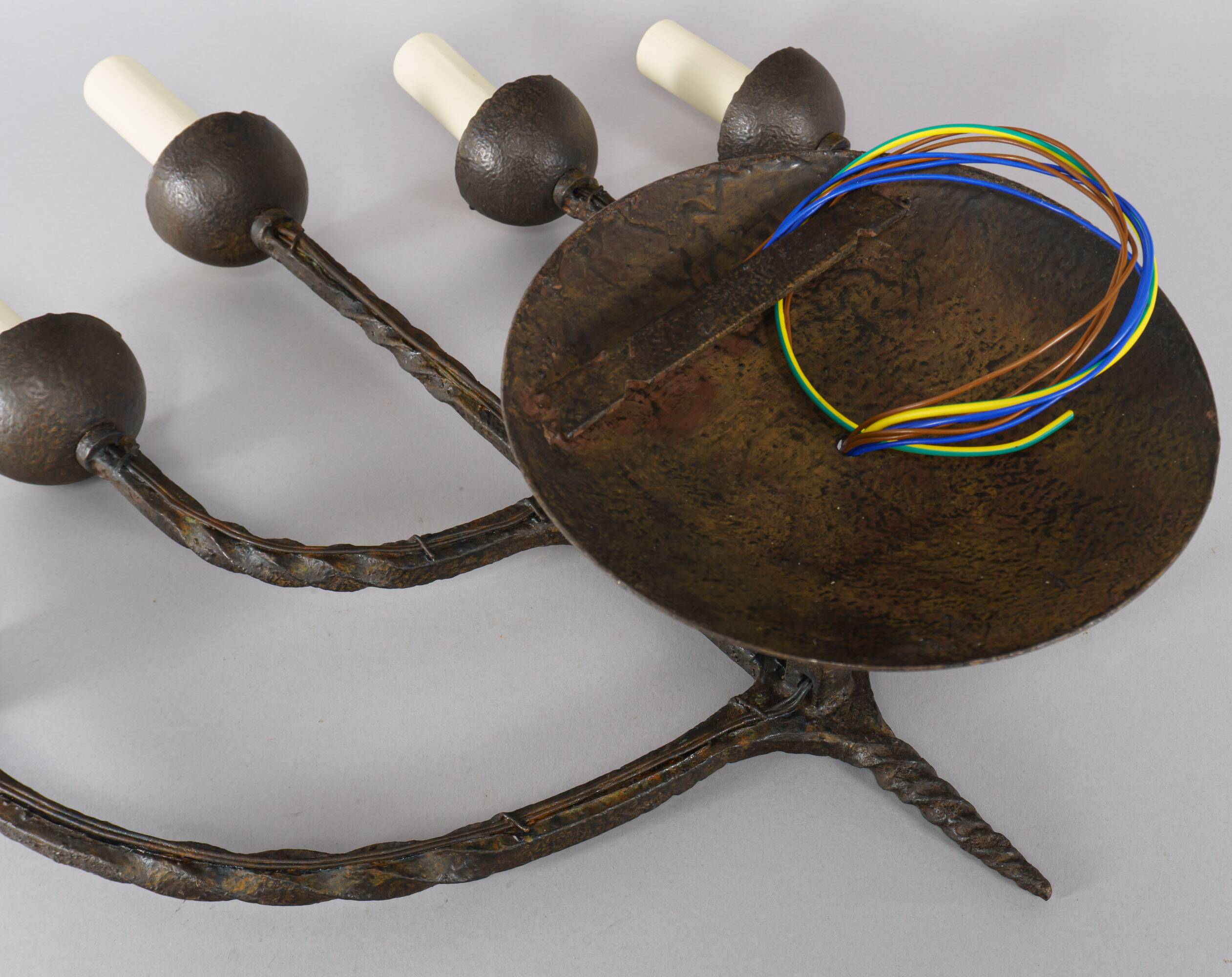 Pair XL Vintage 1950s French Brutalist 5-Arm Wrought Iron Wall Lamps