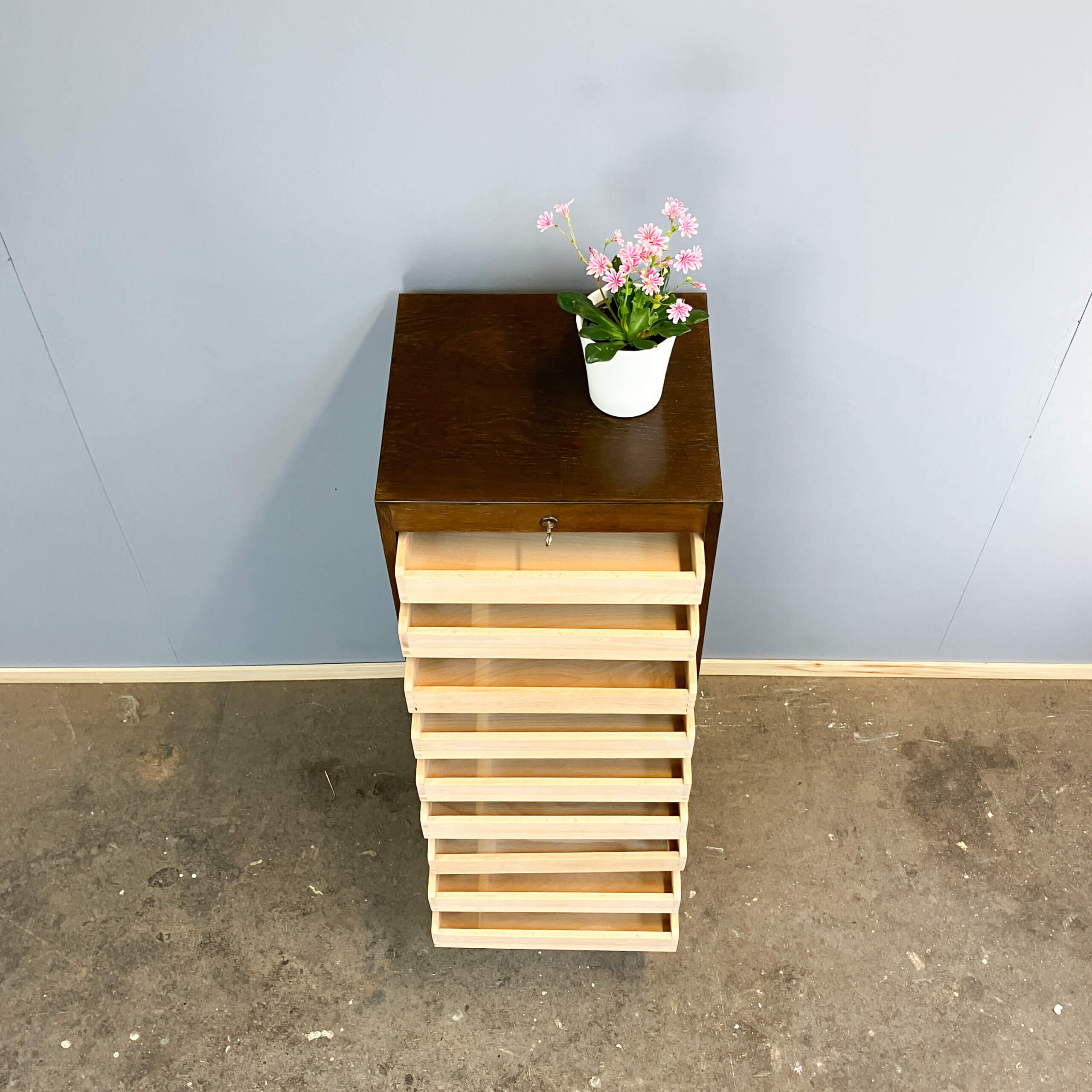 Roller shutter cabinet, dark oak, 1950s