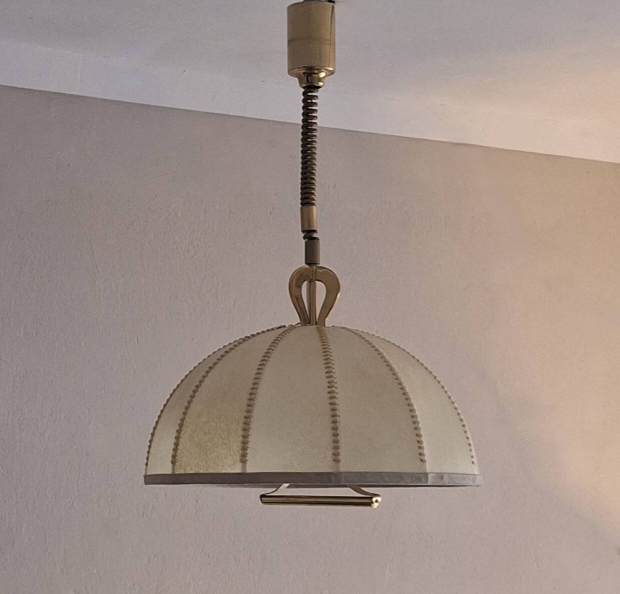 Large leather, vellum and brass Italian cocoon chandelier, Italy 1950s