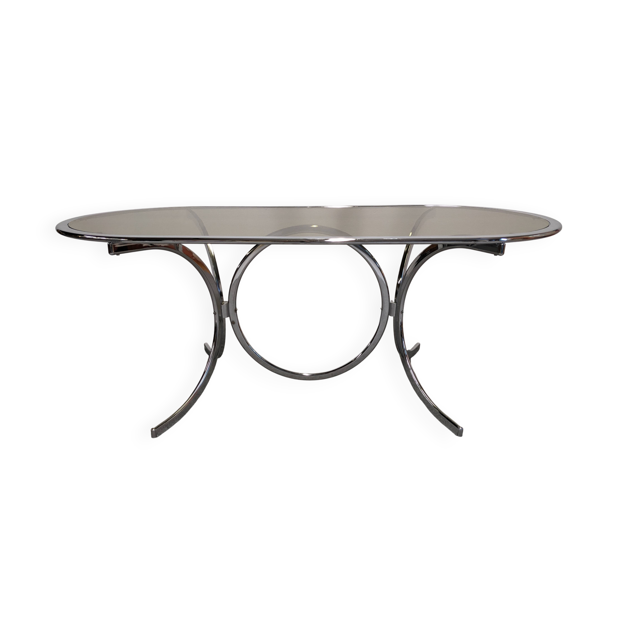 Oval dining table in chromed metal and smoked glass, Italy circa 1970