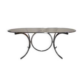 Table ovale à manger en métal chromé et verre fumé, Italie vers 1970