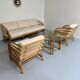 Complete living room with rattan sofa and white bouclette, brass finish, 80's design