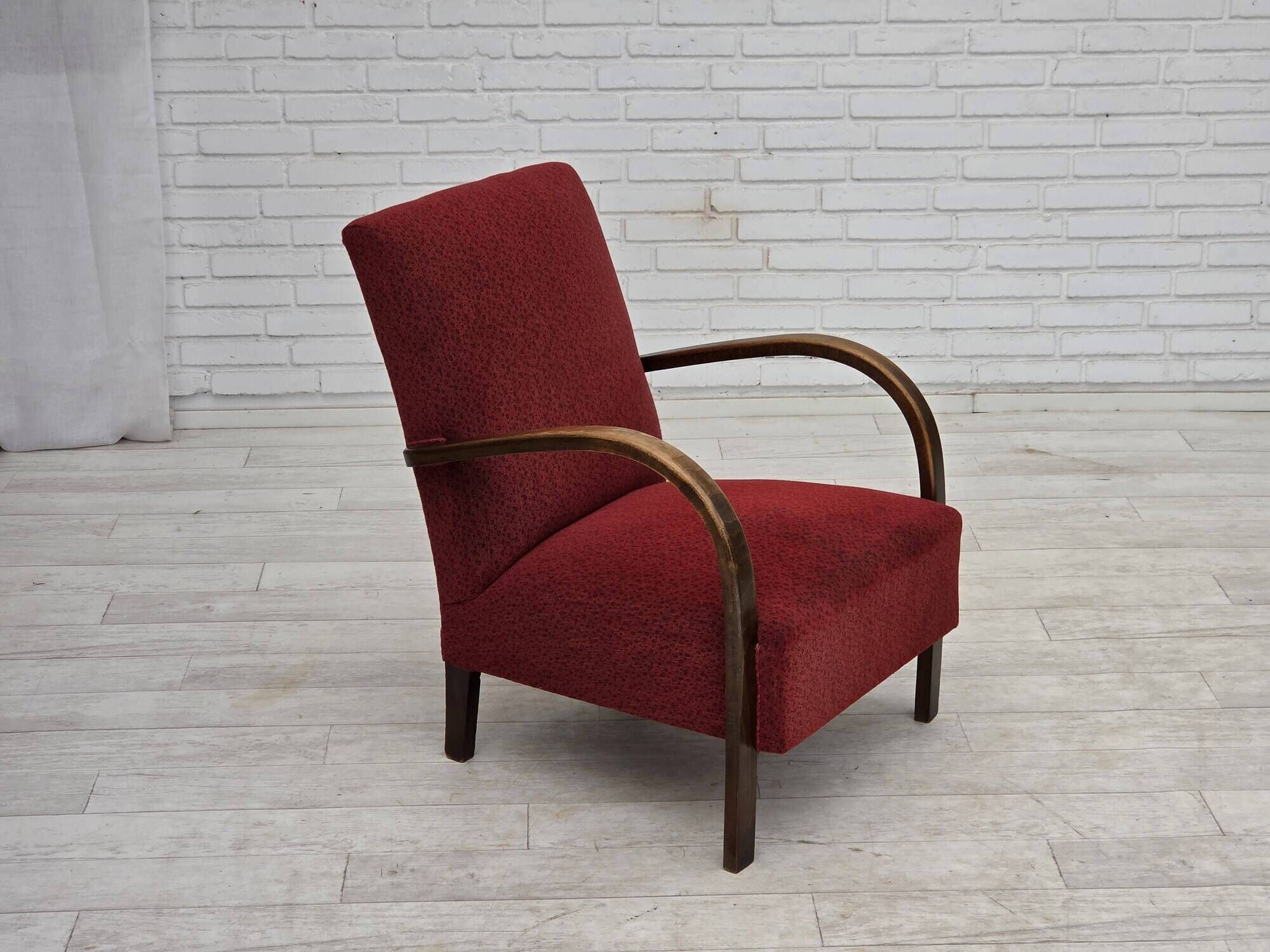 1950s, Danish art deco armchair, original red furniture wool, beech wood.