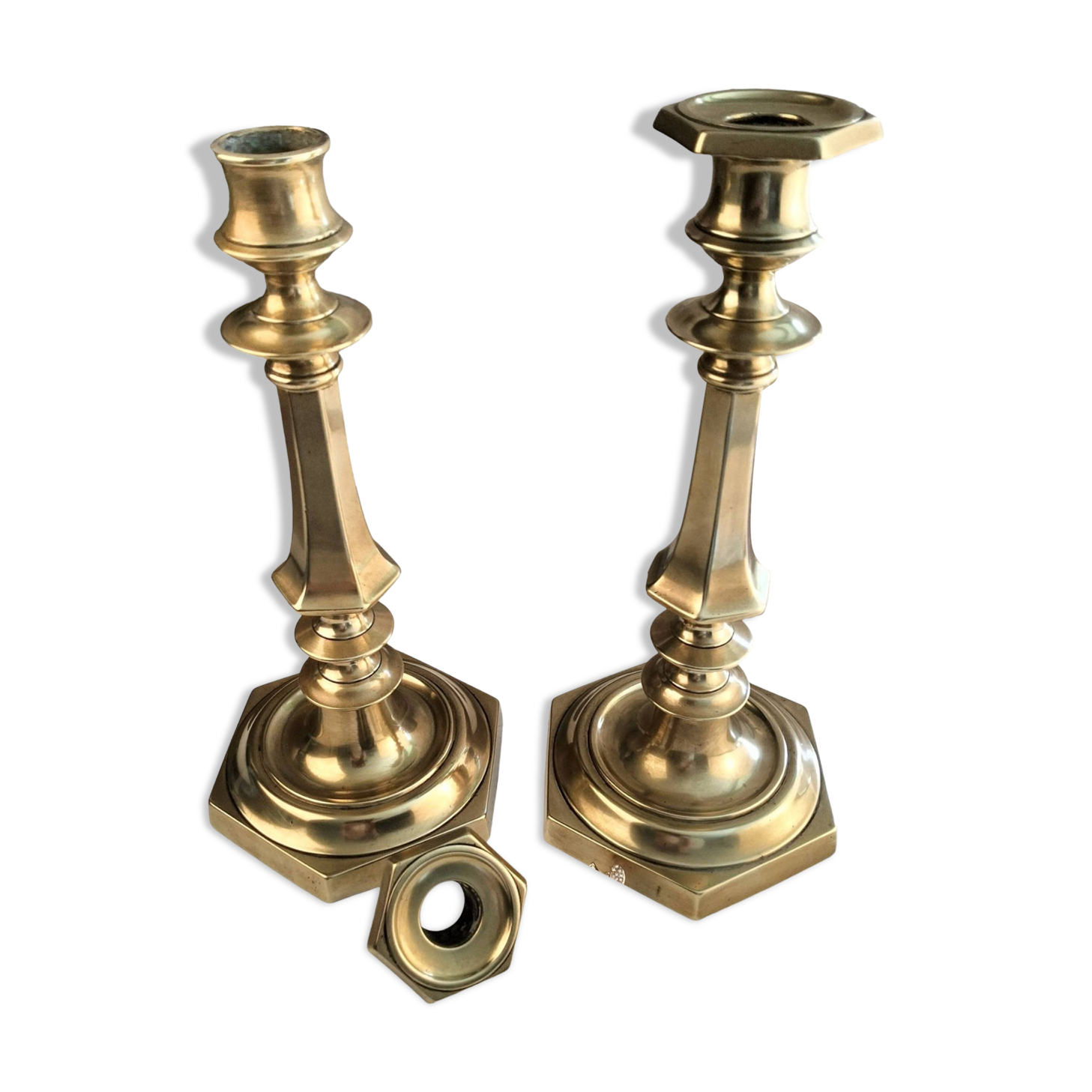 Charming Pair of Victorian Brass Candlesticks with Octagonal Bases - Matching Antique Candle Holders