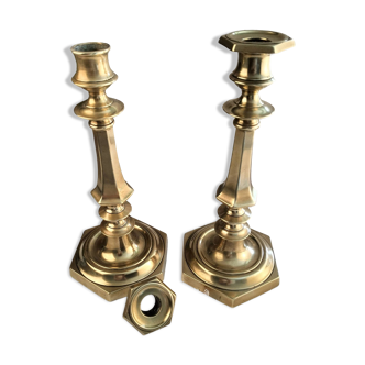 Charming Pair of Victorian Brass Candlesticks with Octagonal Bases - Matching Antique Candle Holders