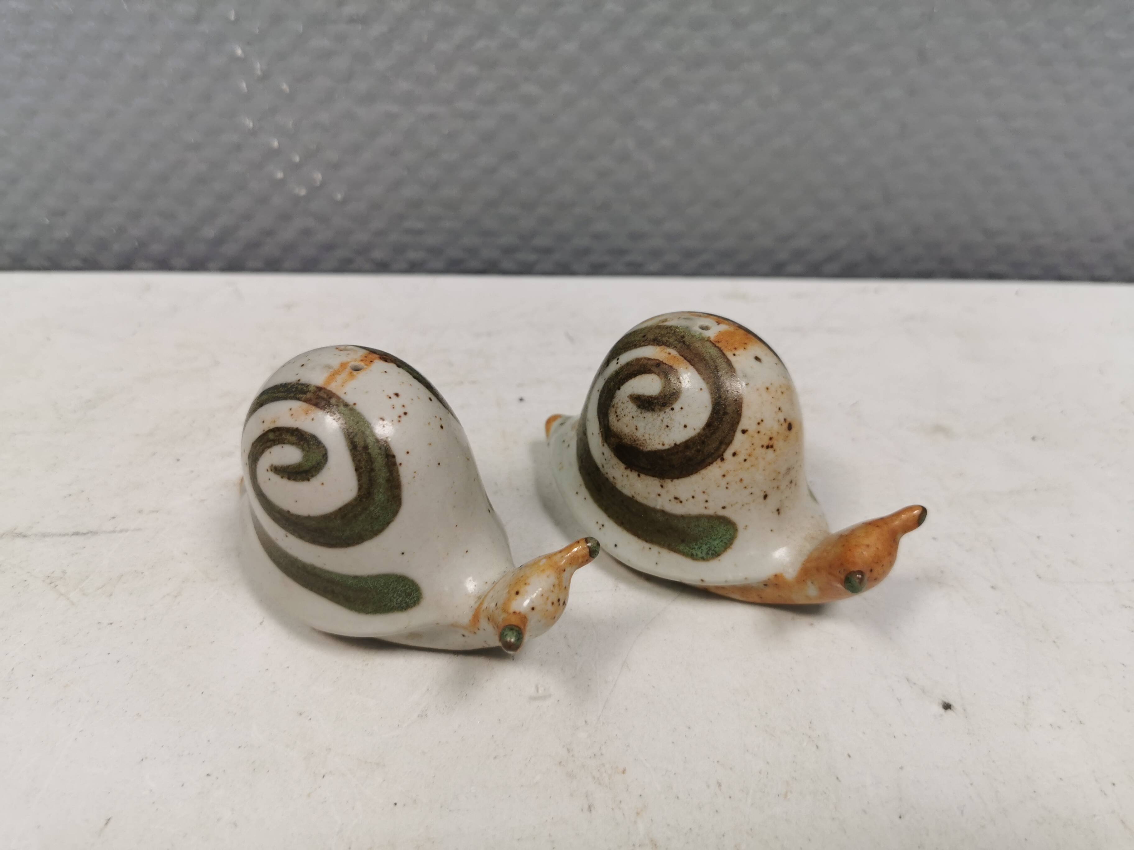 Ceramic snails as salt and pepper shakers, Denmark, 1970s-1980s