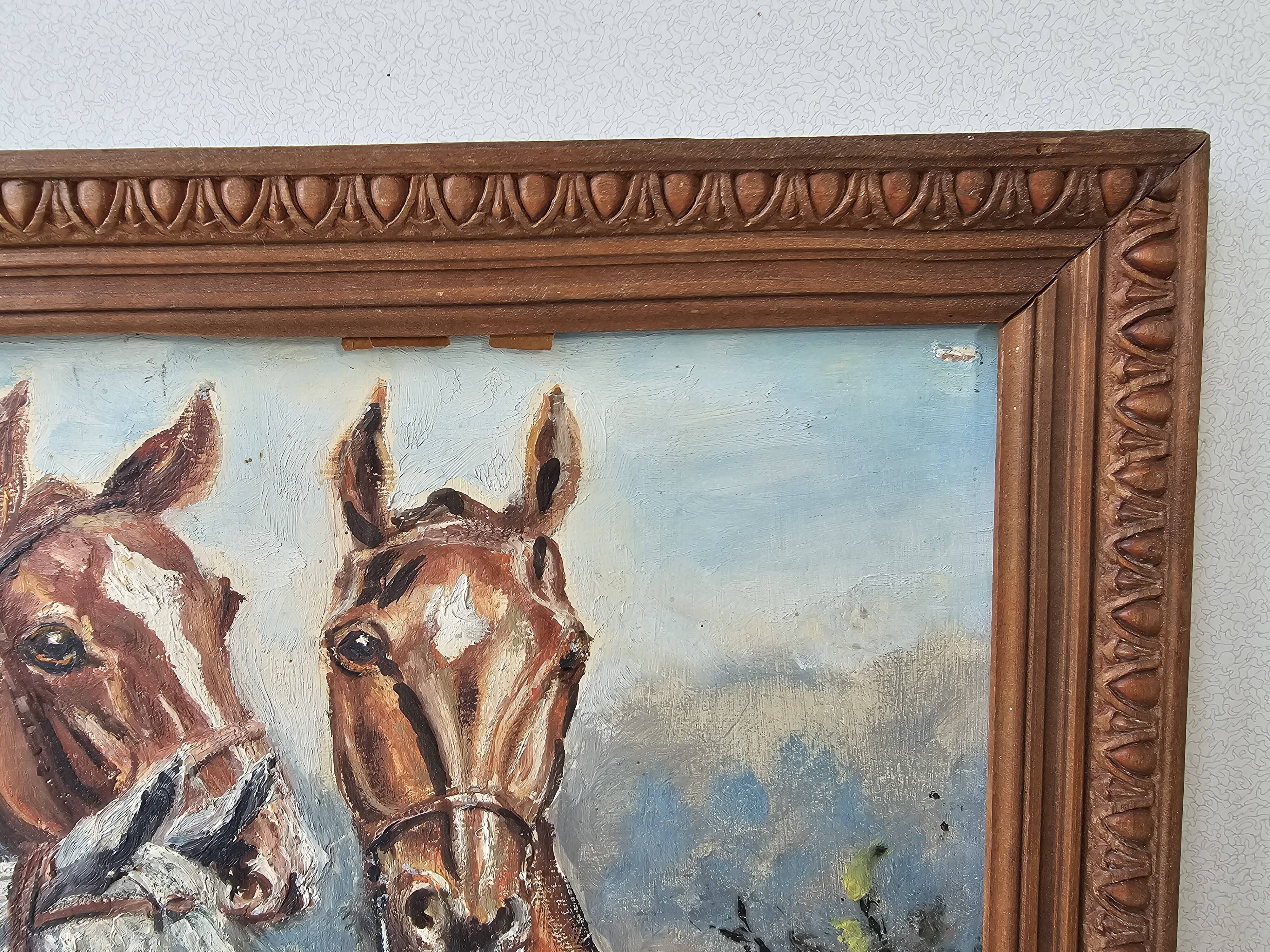 Oil painting on hardboard - Horses Signed SL (Signature to be identified)
