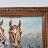 Oil painting on hardboard - Horses Signed SL (Signature to be identified)