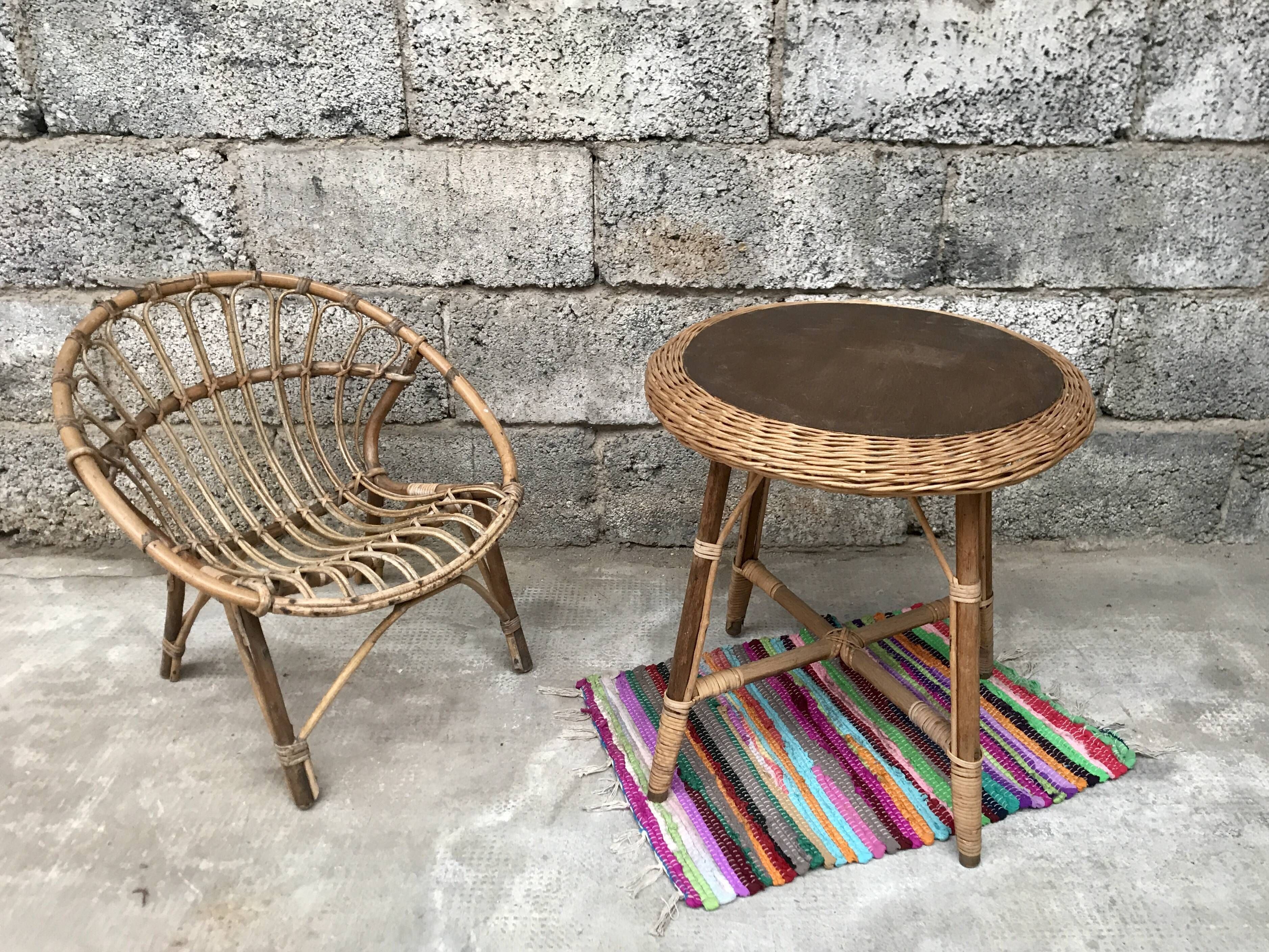 Guerdon vintage children's coffee table in rattan wit old rattan wicker bohemian 1950