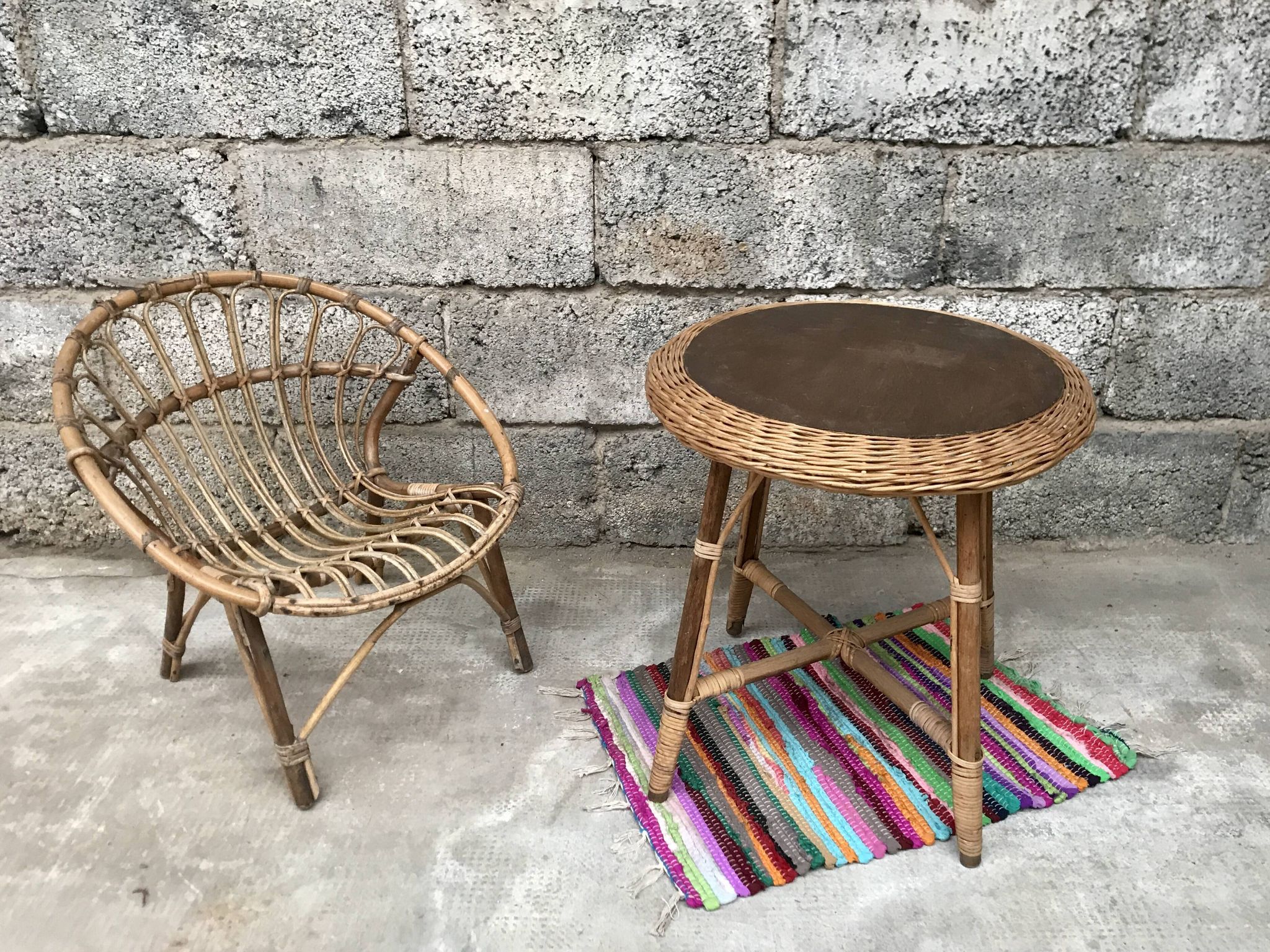 Guerdon vintage children's coffee table in rattan wit old rattan wicker bohemian 1950