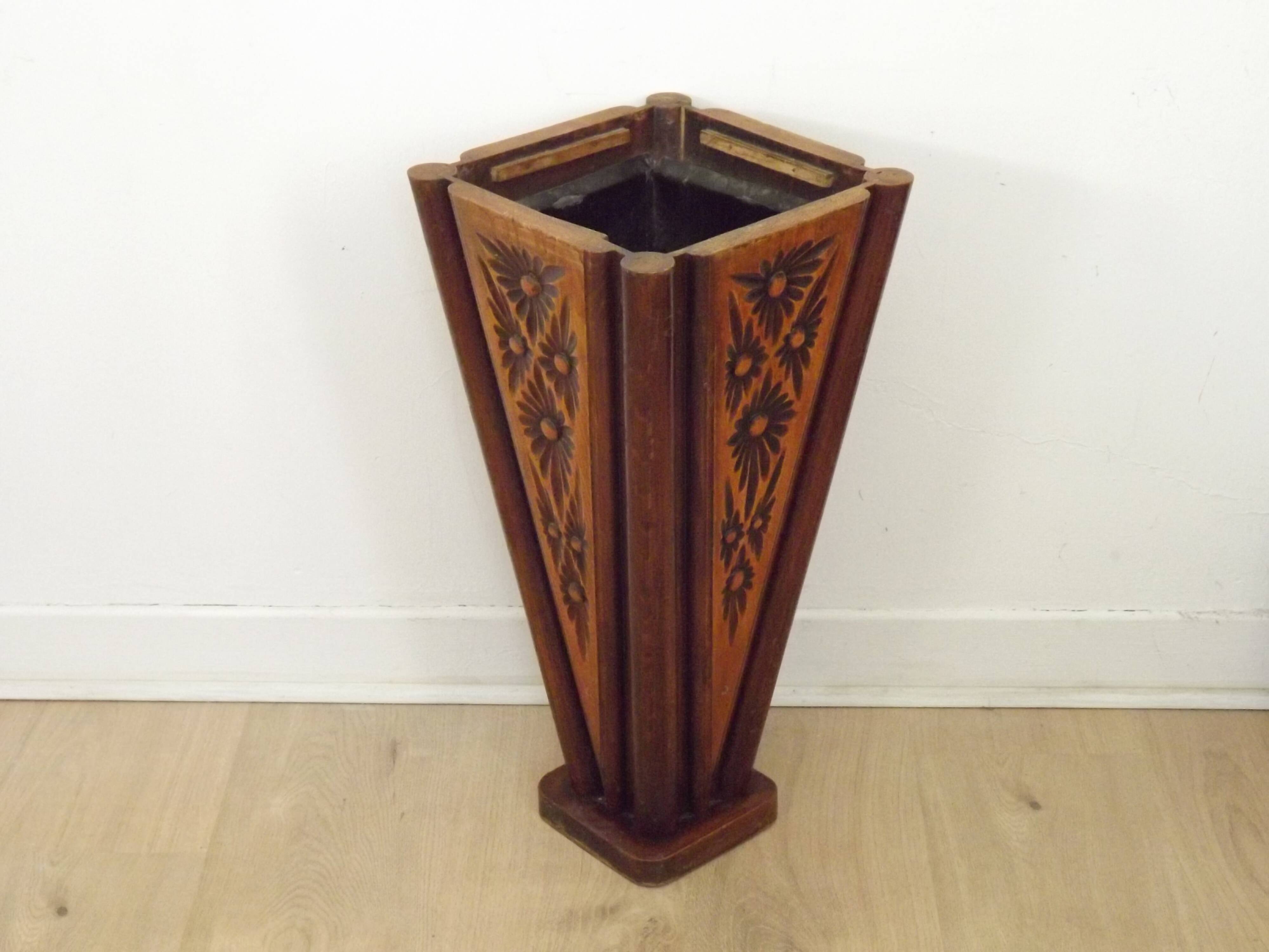 French antique oak tin-lined hand-carved umbrella stand with flower decoration.