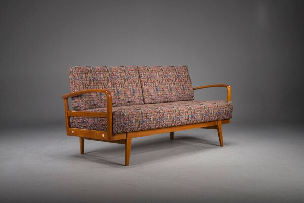 Lit de jour vintage en cerisier et laine de Knoll Antimott, années 1950-1960.