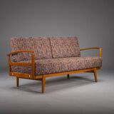 Méridienne vintage en bois de cerisier et laine de Knoll Antimott, années 1950-1960